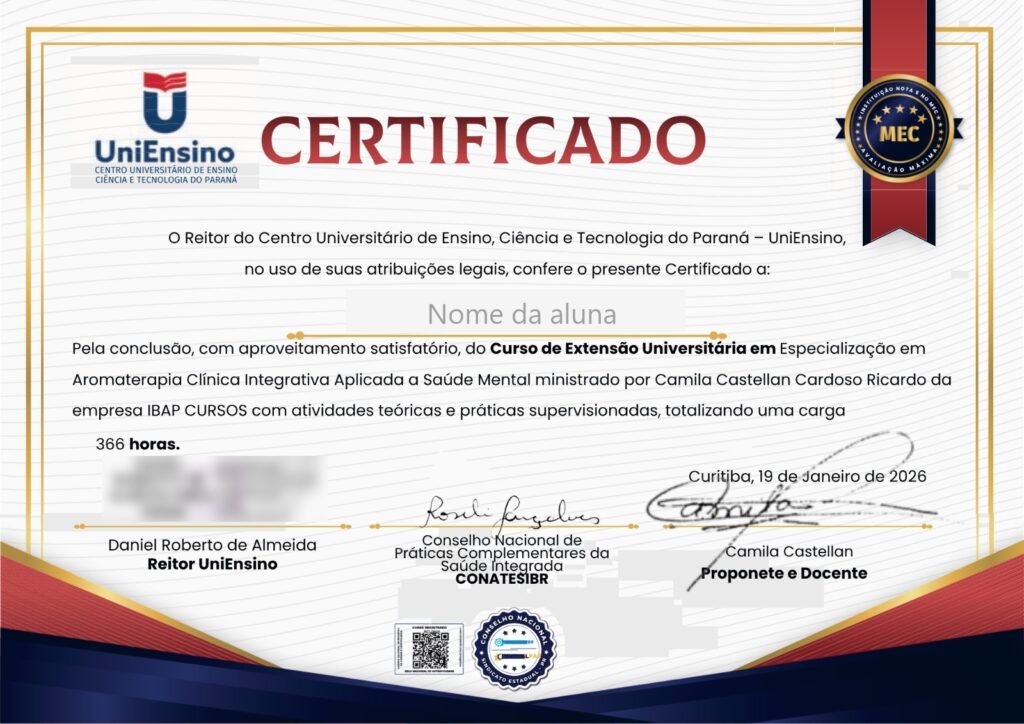 Modelo do certificado de curso de extensão universitária de 366 horas da Mentoria ATP, emitido pela UniEnsino