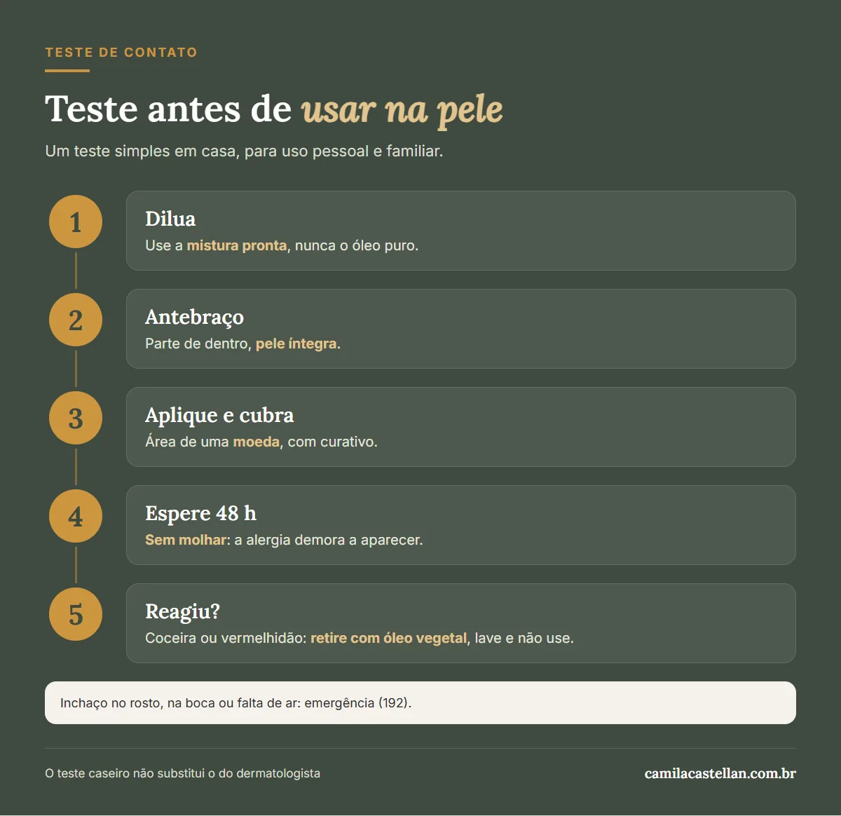 Infográfico: teste de contato com óleo essencial, passo a passo