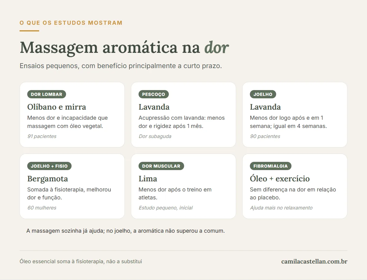 Infográfico: o que os ensaios com massagem aromática mostram em dor lombar, dor no pescoço, artrose de joelho, dor muscular e fibromialgia