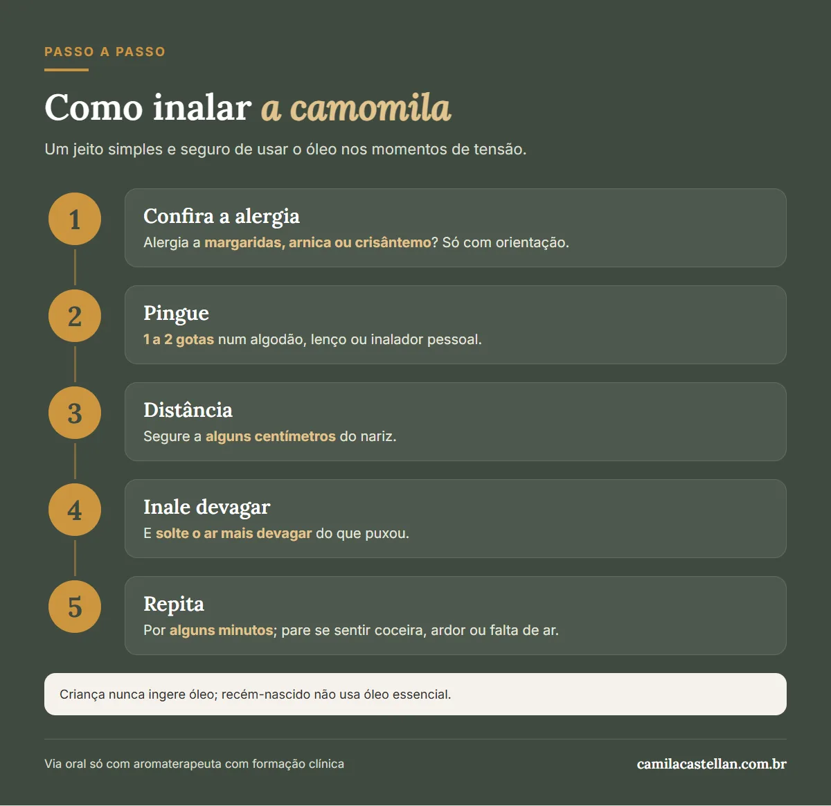 Infográfico: como inalar o óleo essencial de camomila com segurança, passo a passo