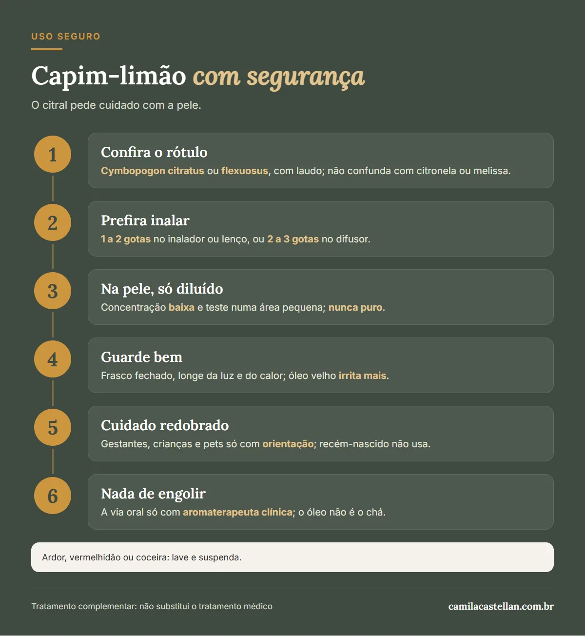 Infográfico: como usar o óleo essencial de capim-limão com segurança, passo a passo