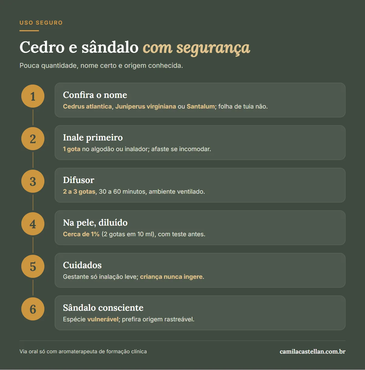 Infográfico: como usar os óleos essenciais de cedro e sândalo com segurança, passo a passo