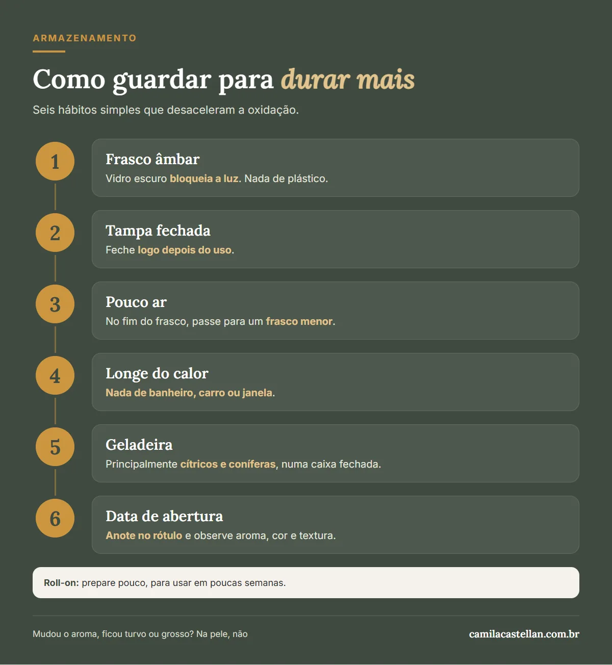 Infográfico: como guardar o óleo essencial para ele durar mais, passo a passo