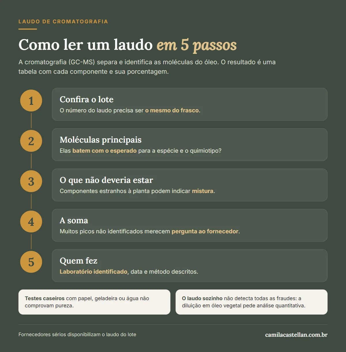 Infográfico: como ler um laudo de cromatografia de óleo essencial em 5 passos
