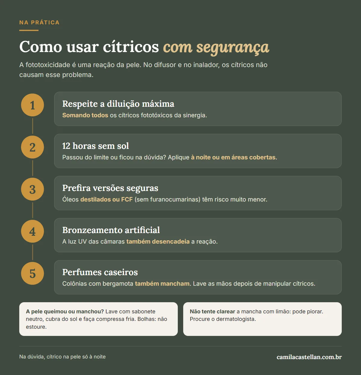 Infográfico: como usar óleos cítricos com segurança na pele, 5 regras práticas