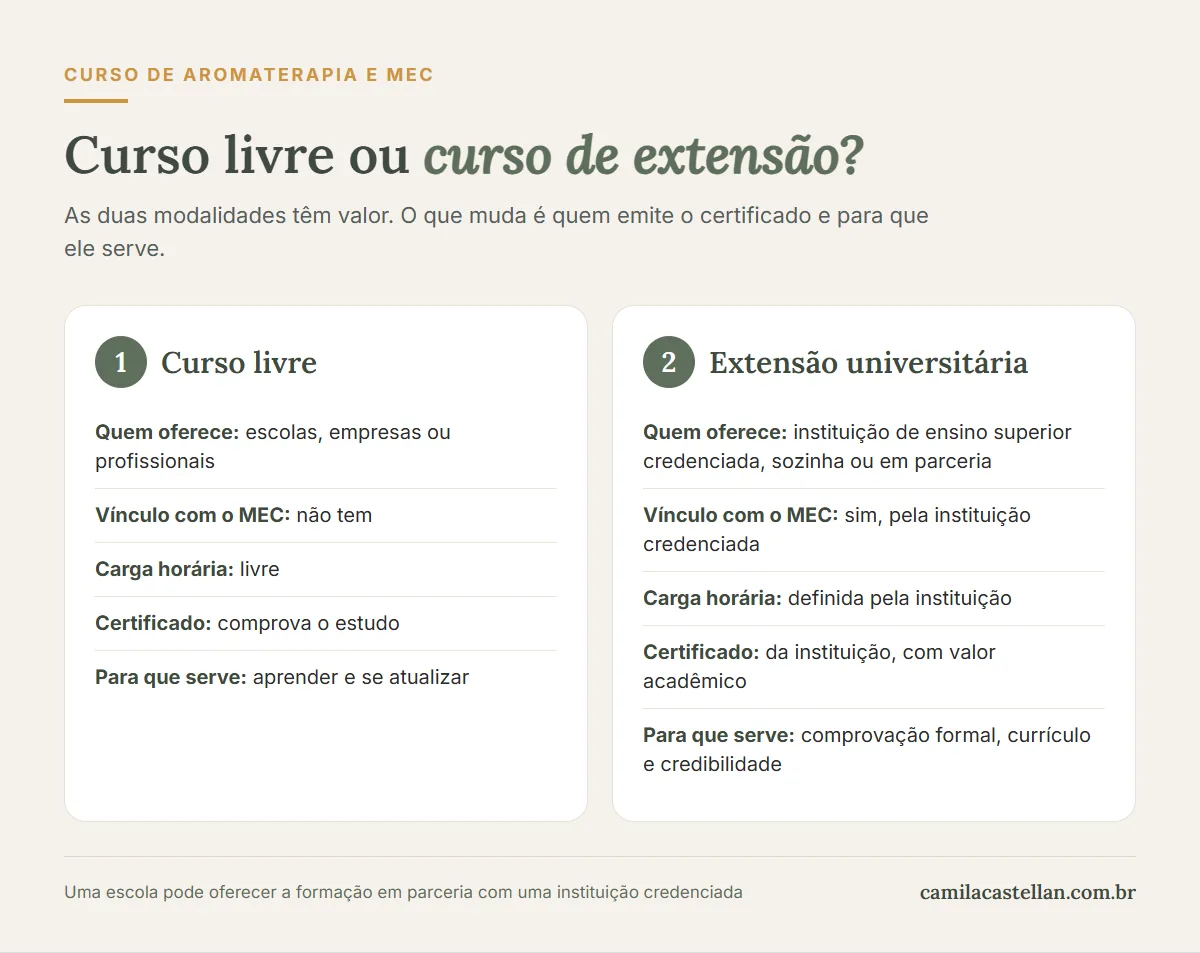 Infográfico: curso livre ou curso de extensão universitária em aromaterapia, diferenças de vínculo com o MEC, carga horária e certificado