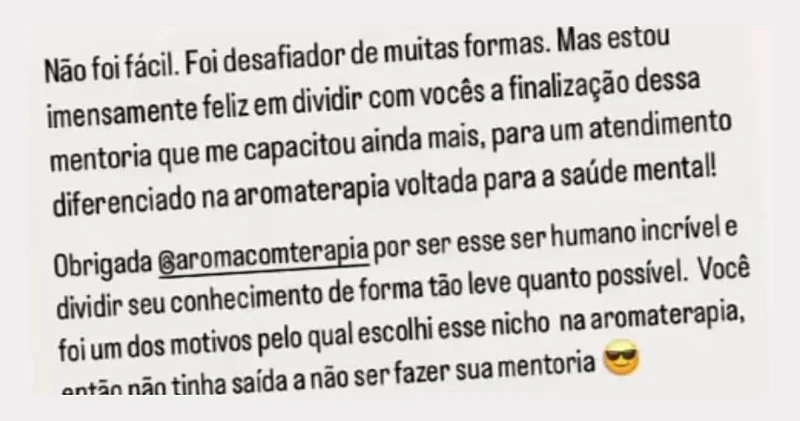 Print de aluna ao concluir a Mentoria ATP: me capacitou para um atendimento diferenciado na aromaterapia voltada para a saúde mental