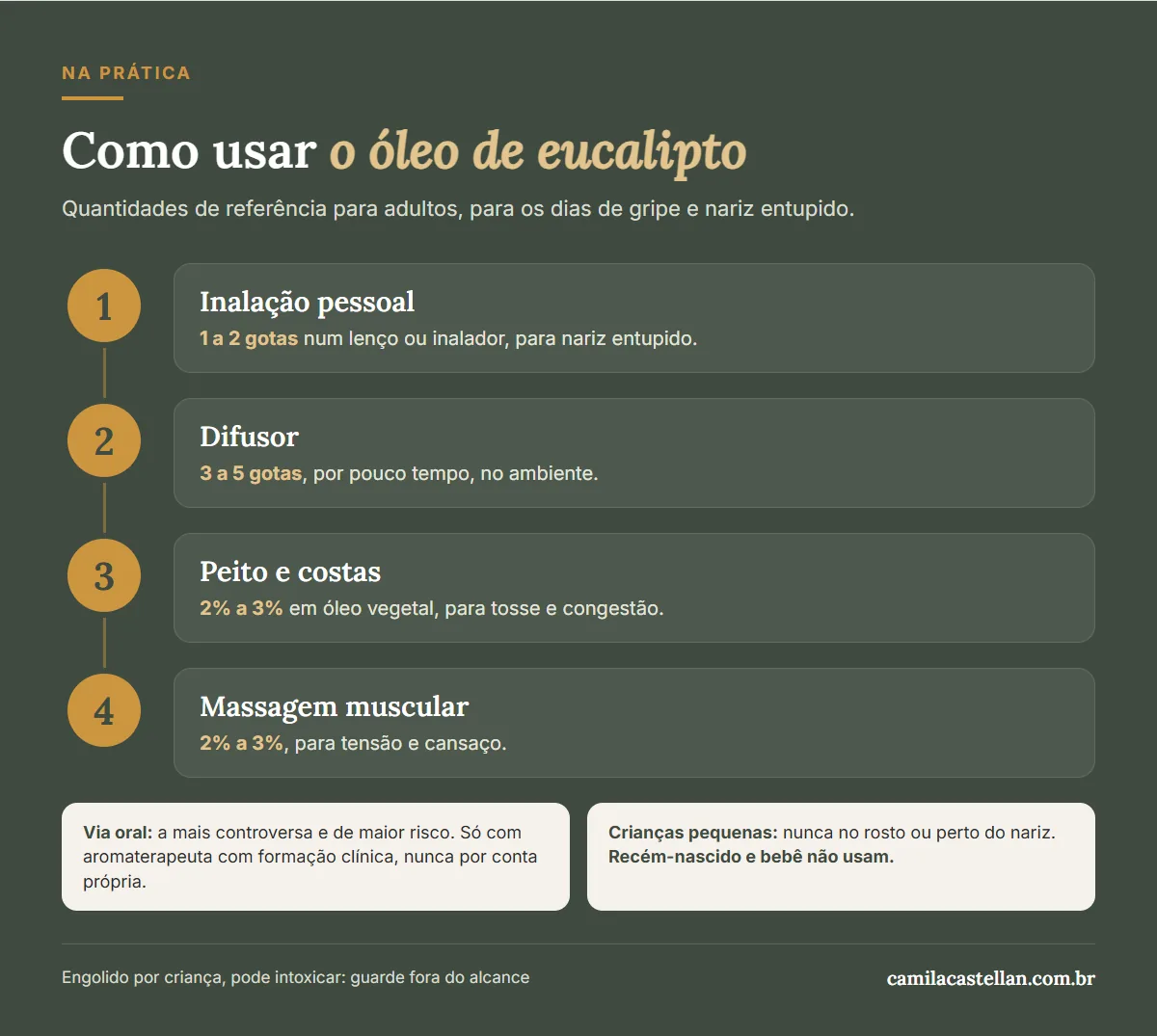Infográfico: como usar o óleo essencial de eucalipto — inalação, difusor, peito e costas, massagem e cuidados com crianças