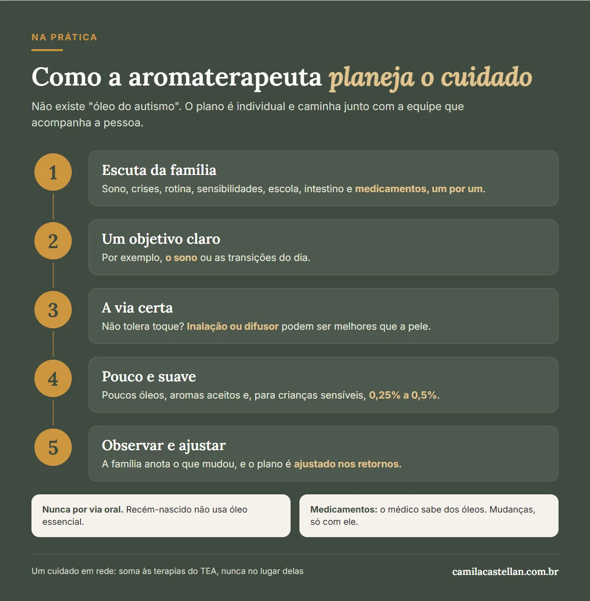 Infográfico: como a aromaterapeuta planeja o cuidado no autismo em 5 passos