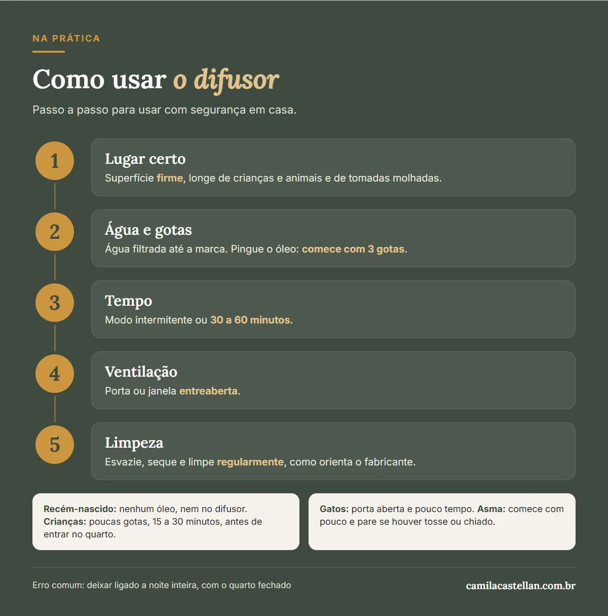Infográfico: como usar o difusor de aromas, passo a passo, com cuidados para crianças, gatos e asma