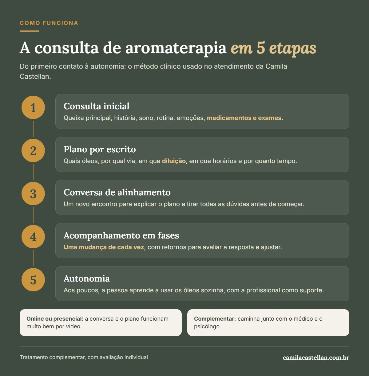 Infográfico: a consulta de aromaterapia em 5 etapas, da consulta inicial à autonomia