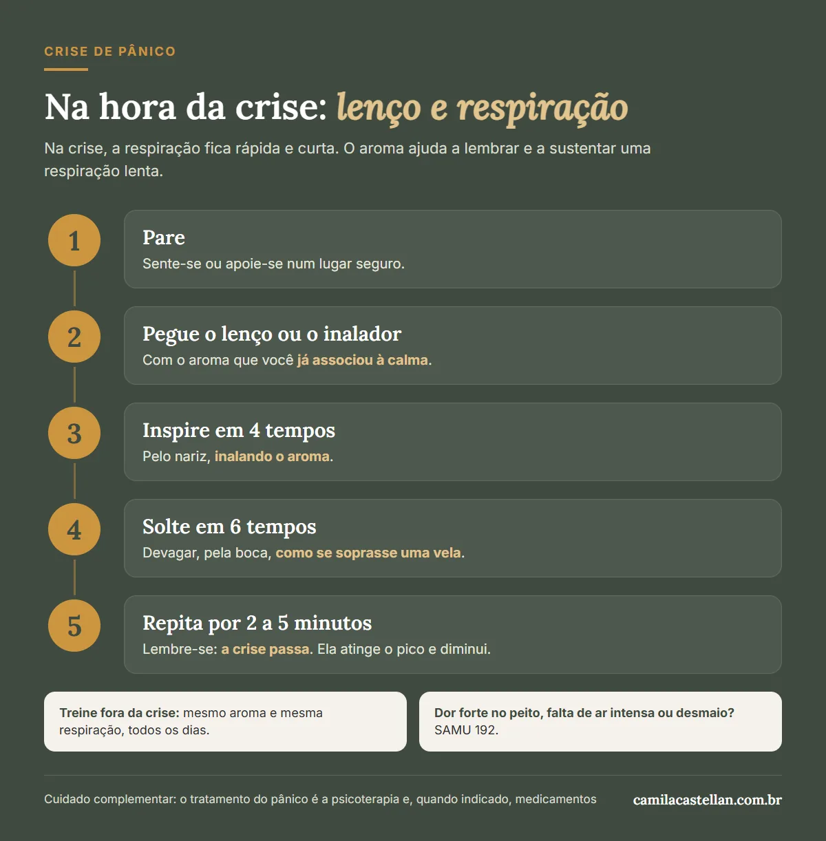 Infográfico: na hora da crise de pânico, lenço com aroma e respiração 4 e 6 em 5 passos