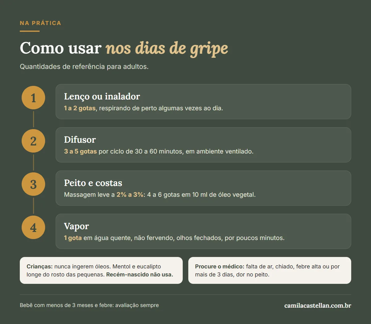 Infográfico: como usar óleos essenciais nos dias de gripe, lenço, difusor, peito e costas e vapor
