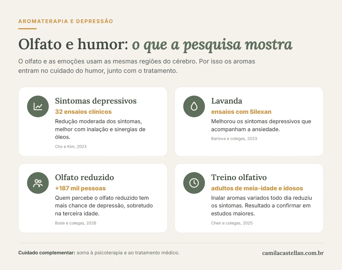 Infográfico: olfato e humor, o que a pesquisa mostra sobre aromaterapia e sintomas depressivos