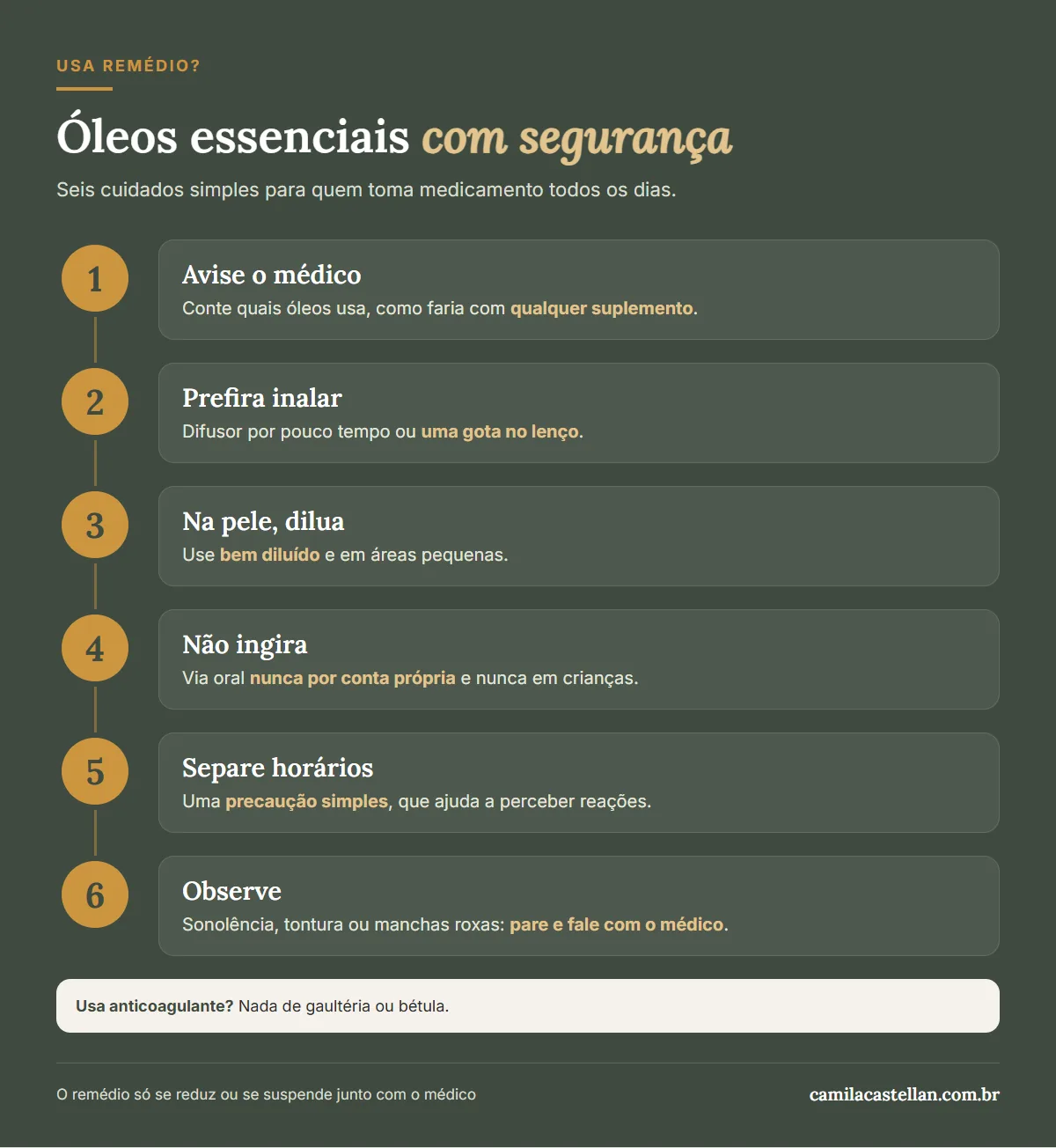 Infográfico: como usar óleos essenciais com segurança quando se toma remédio, passo a passo
