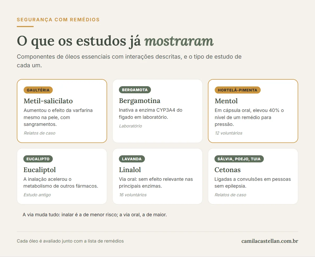 Infográfico: componentes de óleos essenciais com interações medicamentosas descritas em estudos