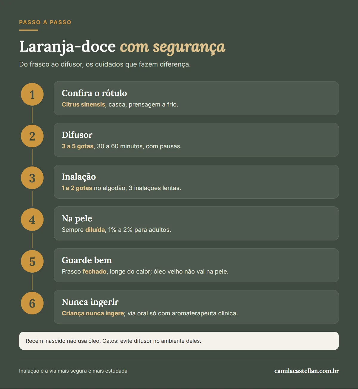 Infográfico: como usar o óleo essencial de laranja-doce com segurança, passo a passo