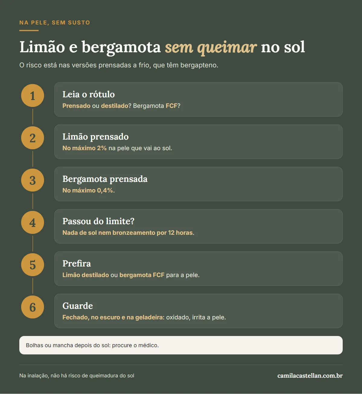 Infográfico: como usar óleo essencial de limão e de bergamota na pele com segurança, sem queimadura do sol