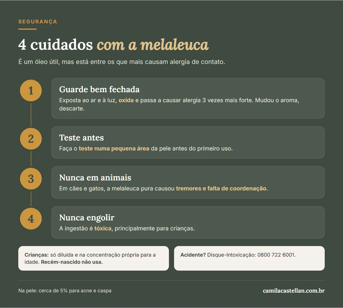 Infográfico: 4 cuidados com a melaleuca — guardar bem fechada, testar antes, nunca em animais e nunca engolir