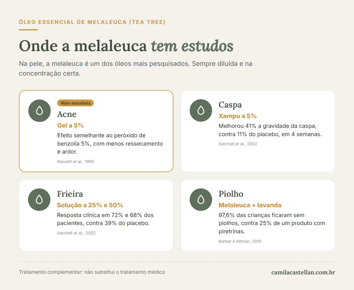 Infográfico: onde a melaleuca tem estudos — acne, caspa, frieira e piolho