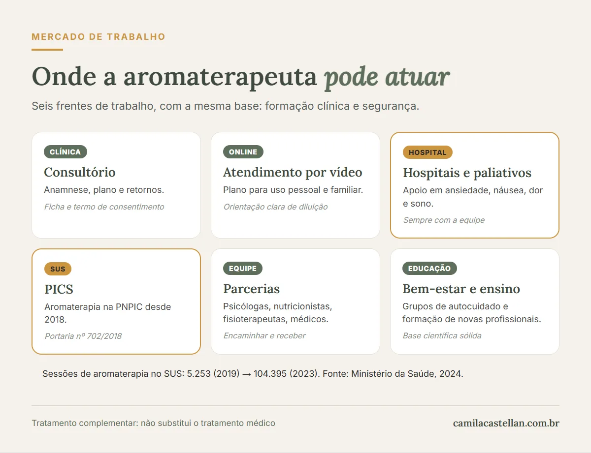 Infográfico: onde a aromaterapeuta pode atuar no Brasil — consultório, online, hospitais e cuidados paliativos, SUS, parcerias, bem-estar e ensino