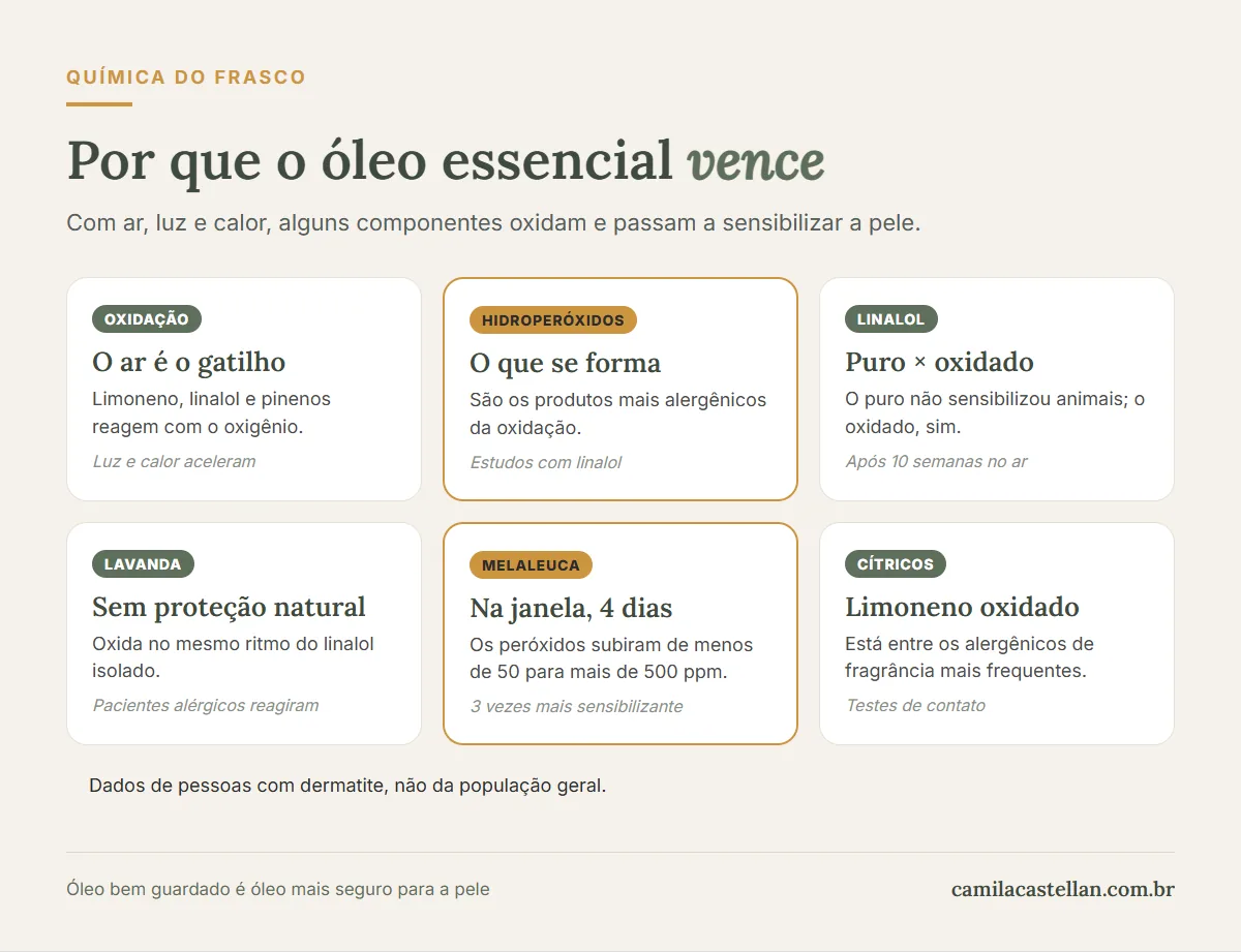 Infográfico: como o óleo essencial oxida e por que o óleo oxidado pode causar alergia de pele