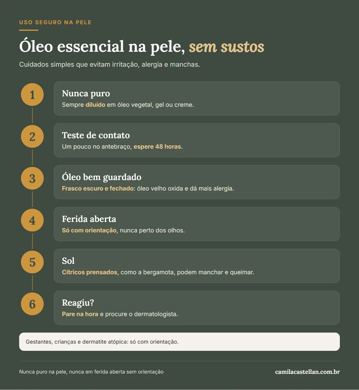 Infográfico: como usar óleo essencial na pele com segurança, passo a passo