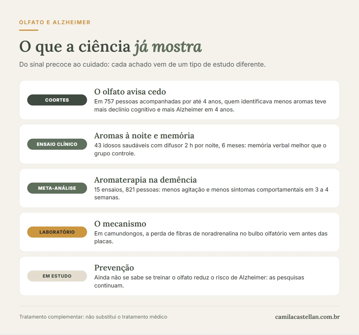Infográfico: o que a ciência já mostra sobre olfato e Alzheimer, por tipo de estudo