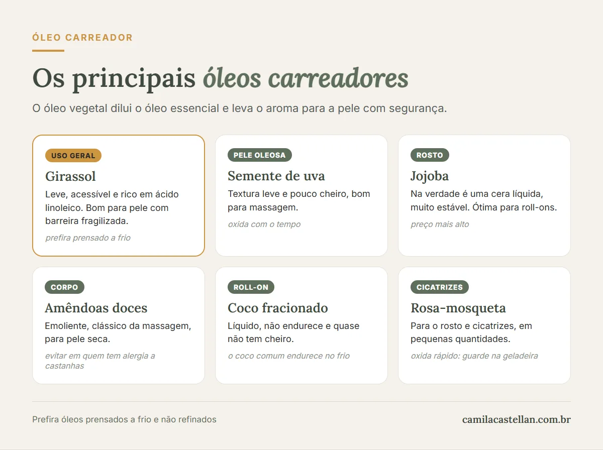 Infográfico: os principais óleos carreadores, girassol, semente de uva, jojoba, amêndoas, coco fracionado e rosa-mosqueta