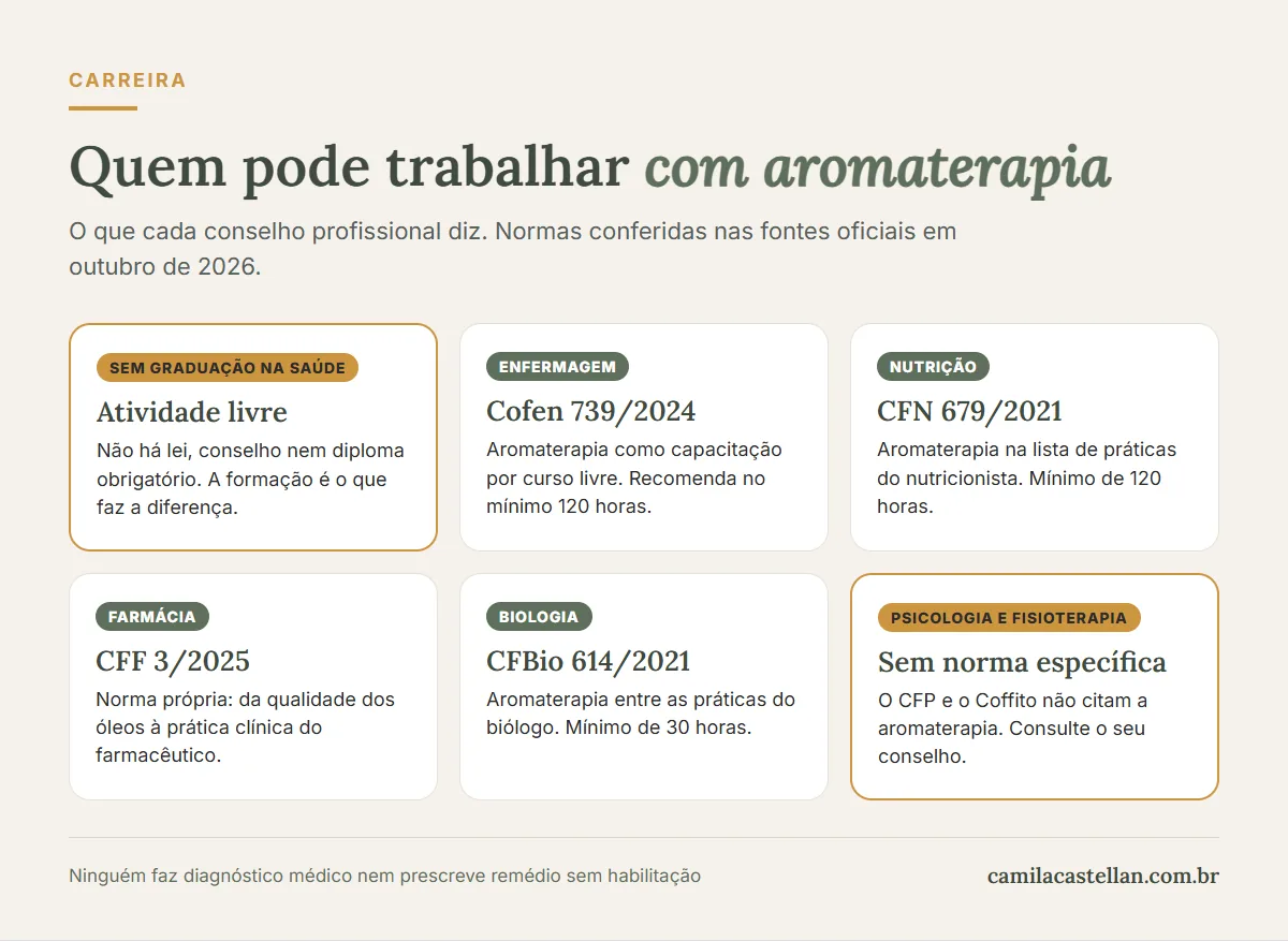 Infográfico: o que cada conselho profissional diz sobre a aromaterapia — enfermagem, nutrição, farmácia, biologia, psicologia e fisioterapia