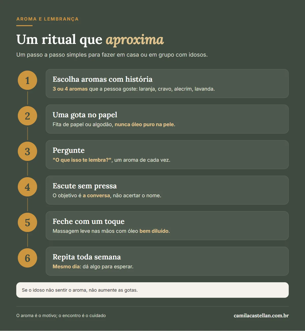 Infográfico: passo a passo de uma oficina de aromas e lembranças com idosos