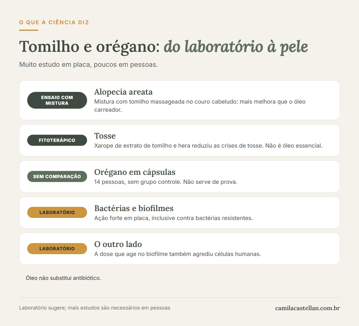 Infográfico: o que os estudos mostram sobre os óleos essenciais de tomilho e orégano, com nível de evidência